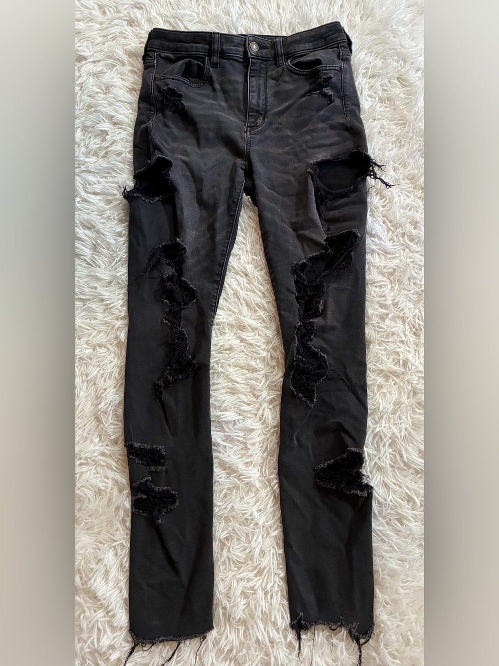 American Eagle Super Hi High Rise Jegging Heavy Distressed Skinny Jeans Black 6